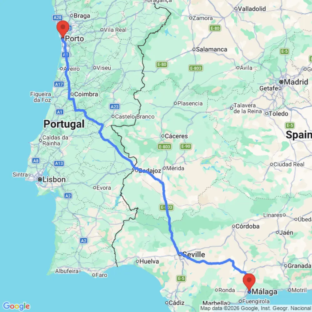 Eu Active Long 2 Auto Select の Porto から Malaga への移動